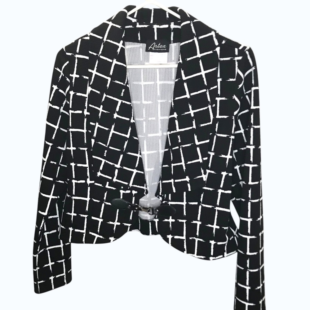 Artex Fashions Cropped Blazer Black White Geometric Print Women’s L